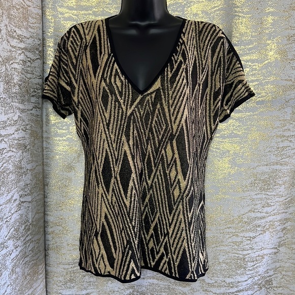 Lauren Ralph Lauren Black/Gold Geometric Metallic Cold Shoulder Top Size M - Picture 5 of 14
